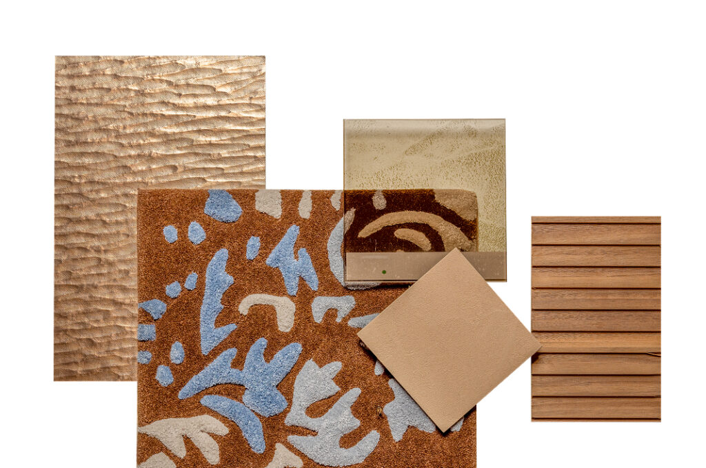 Verschiedene Materialien und Texturen, die das Designkonzept von La Coquillade repräsentieren.