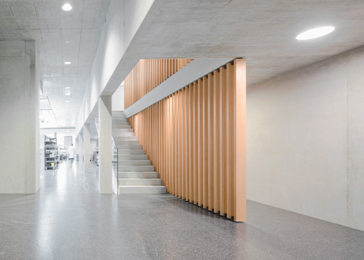 Moderne Treppe in einem hellen, minimalistischen Raum mit Betonwänden und Holzverkleidung.